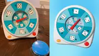 Children's blue dice spinner for board games.