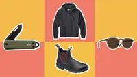 green pocket knife, Black hoodie, Black sunglasses, black and brown boots