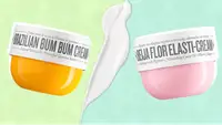 Two tubs of body cream against a green background.