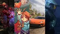 Collage showing screenshots from Doom: Eternal, Celeste, Forza Horizon 5 and Halo: Infinite.