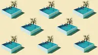 Illustration of several identical square above ground pools next to palm tree landscaping.