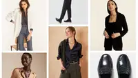 Collage of models wearing business casual style staples.