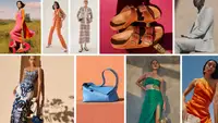 Grid with women's apparel, sandals, blue purse, green and orange dresses.