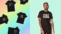 A split image of black T-shirts on a rainbow background and a person wearing a T-shirt that says "They Them" on it