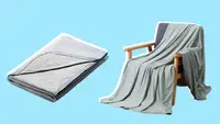 On left, folded blanket. On right, blanket draped over armchair.