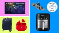 Suitcase, TV, earbuds on a colorful background