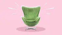 An egg chair with dollar bills overlaying it against a pink background.