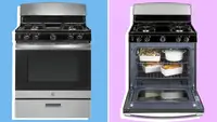 Two shots of the GE JGBS30REKSS gas range (one closed and another open with baked food inside) in front of a background.