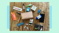 Small toiletry bag with assorted hygiene products scattered all around on tabletop surface.