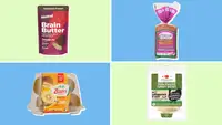 Package of Brainiac Brain Butter, loaf of Milton's multigrain bread, package of Zespri Sun-gold kiwis and package of Applegate oven-roasted turkey.
