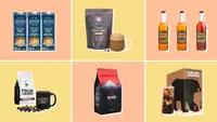 A grid collage of images of organic coffee products.