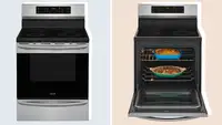 A stainless steel induction range with its oven closed and open.