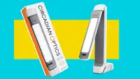 Product shots of the Circadian Optics Light Therapy Lamp in front of blue and yellow background.