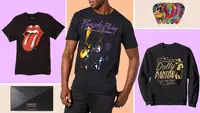 A Rolling Stones Tee, eyeshadow from Haus Laboratories, a man wearing a Purple Rain tee, a Dolly Parton sweatshirt, and the Beatles guitar picks on a colorful background.
