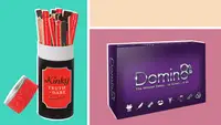 red and black Kinky Truth or Dare game and purple Domin8 game on a color-block background.