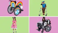 Top left, wheelchair with rainbow Halloween decorations. Top right, small child wearing Paw Patrol Halloween costume with walker. Bottom left, small child wearing Minnie Mouse Halloween costume. Bottom right, child in wheelchair wearing police Halloween costume.