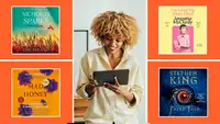 A woman reading a tablet surrounded by the covers for Nicholas Sparks' Dreamland, Jodi Picoult's Mad Honey, Jeanette McCurdy's I'm Glad My Mom Died, and Stephen King's Fairy Tale.