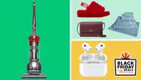 Vacuum, towels, purse, AirPods on green and yellow background