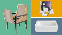On left, armchair with seat storage. On top right, Philips smart bulbs. On bottom right, white tub.
