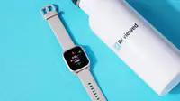 The Garmin Venu Sq 2 set on its side against a light blue background.