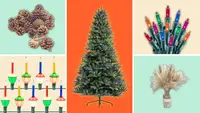Pinecones, colorful lights, a faux Christmas tree, and pampas grass against a colorful background.