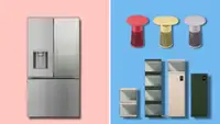 A variety of LG products (including a refrigerator, air purifiers and shoe boxes) in front of a blue and pink background.