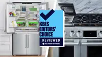 On left, an open refrigerator. On right, a luxury cooktop. Super-imposed, a badge reading 