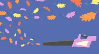 An illustration of a leaf blower blowing leaves away.