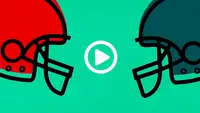 An image of two football helmets facing toward a digital "play" icon.