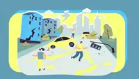 Cartoon graphic of citizens panicking in street after a earthquake has occurred.