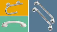 The Zuext, Moen, and Safe-er-Grip grab bars pictured together on a colorful background