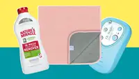 Product shots of a bottle of Nature's Miracle stain remover, a pink Pea Pod bedwetting mat, and the Therapee bedwetting alarm.