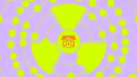 Cartoon graphic of a radioactive symbol with a residential home in the middle.