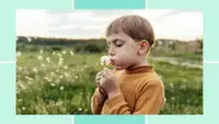 Boy blowing on dandelion while outside.