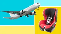 An airplane and a red car seat on a yellow and blue background