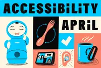 A Moxie robot, spork, smart device and hearing aid on colorful background.