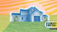 Cartoon graphic of suburban home surrounded by grass.