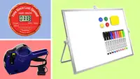Product shots of the Timercap, the Perco Lite 1 Line Dater Gun and the Aberlls white board with markers.