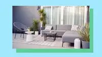 Contemporary patio furniture set-up with a neutral area rug