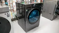 An LG front-load washer sitting in our testing lab.