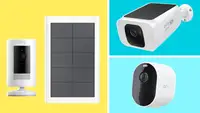 Product shots of the Ring Stick Up Cam Solar HD, Eufy S230 SoloCam S40 and Arlo Pro 4 Spotlight Camera.