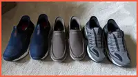 Three different pairs of the Sketcher Slip-Ins on carpet.