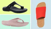 The Oofos, Dansko, and Message brand sandals side-by-side.