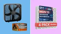 A box fan, roll of duct tape, and pack of air filters on a blue and purple background