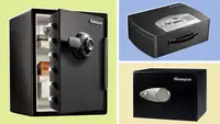 Product shots of the SentrySafe SFW205CWB Fireproof Waterproof Safe, Portable Safe Box and Safe Home Safe.
