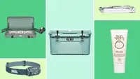 Camping products on greenbackground