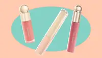 Three Rare Beauty products against a green and peach background