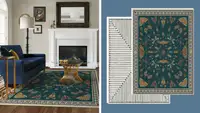 On the left side of the image is a living room setting featuring a Ruggable Premium Rug and on the right side of the image are two Ruggable Premium Rugs on a blue background.