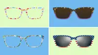 Eyeglasses and sunglasses on blue and green background