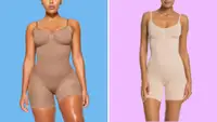 Models wearing a medium-brown shaping bodysuit from Skims and a pale shaping bodysuit from Spanx.